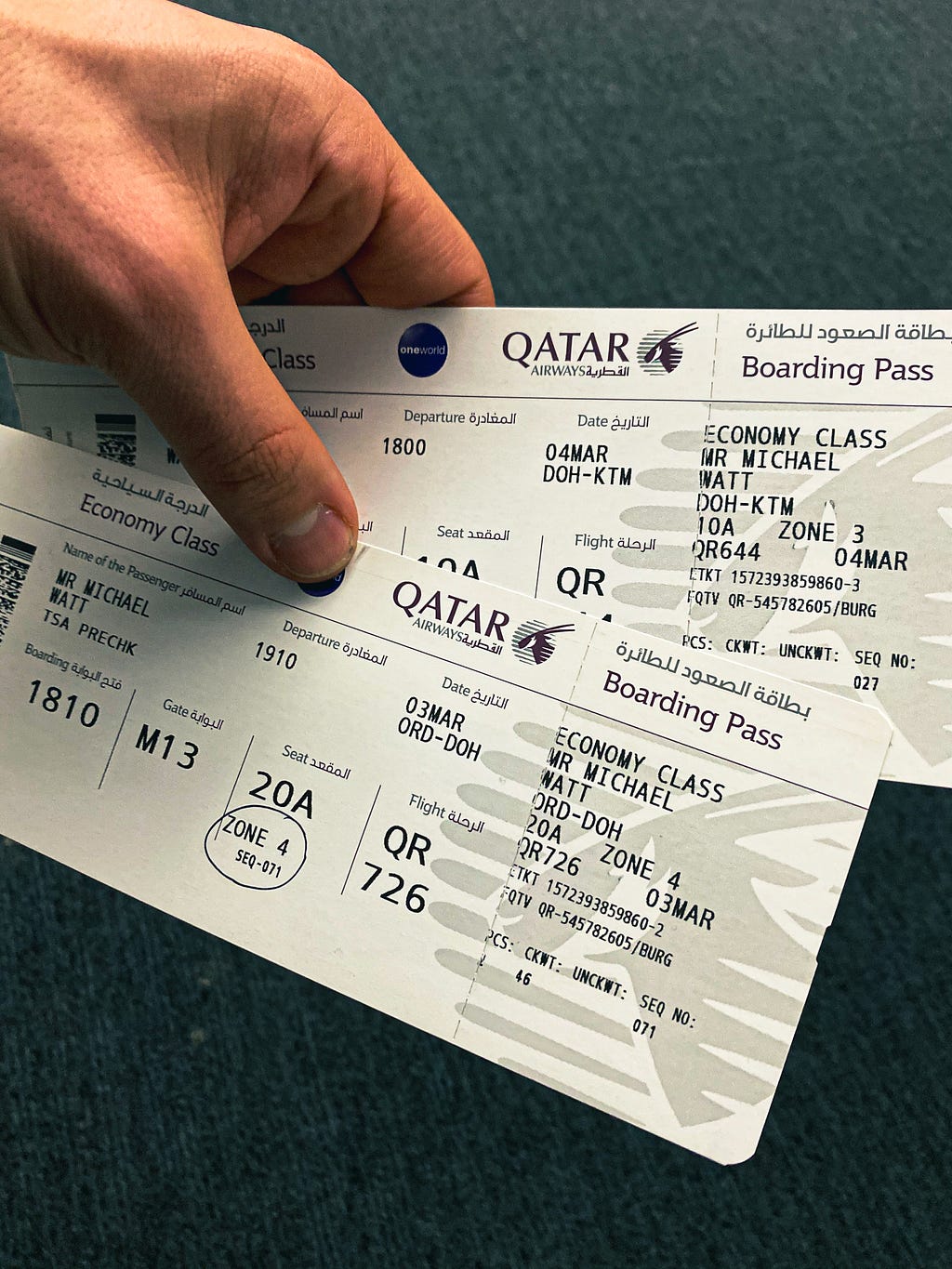 My tickets to Nepal. Photo by Author