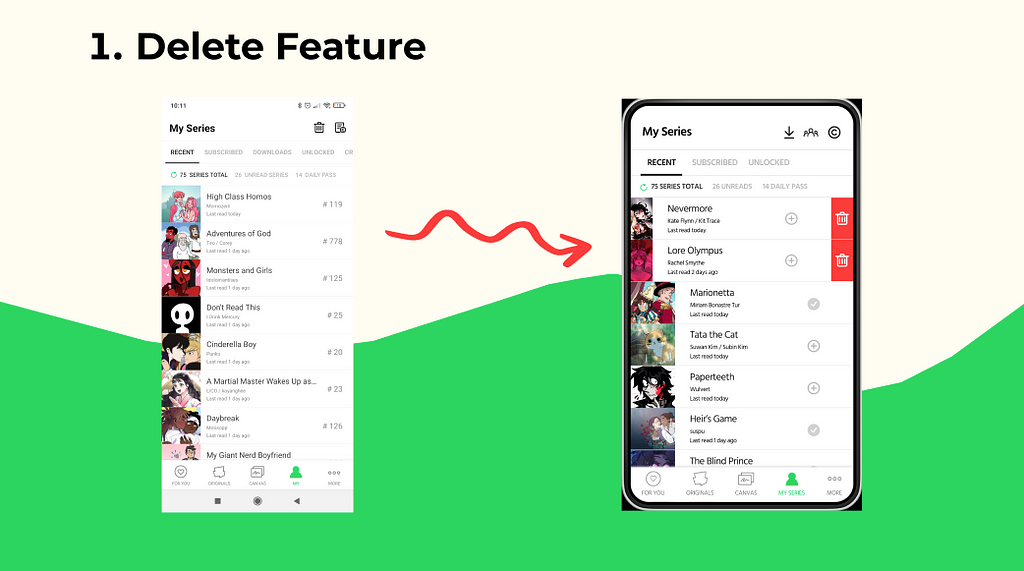 A picture showing the visual changes between the original app on the left, with a 4-steps delete process, and the final prototype on the right, with a 2-steps swipe-to-left and click process.