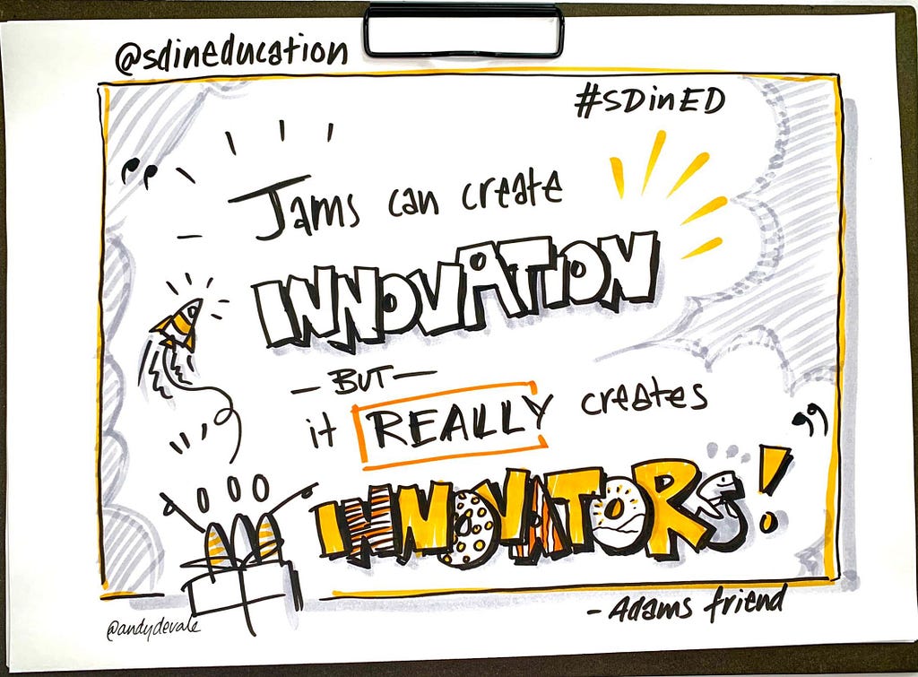 Sketchnote saying Jams can create innovation but it really creates innovators