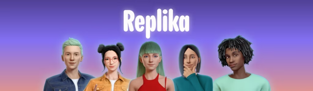 “Replika” written in white above five digitally rendered humans. Image can be found here: https://www.meta.com/experiences/5620852627988042/
