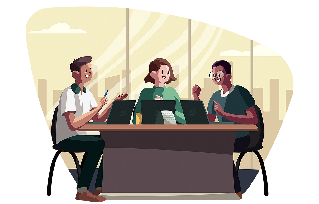 Ilustração de um grupo de 3 pessoas sentadas em volta de uma mesa conversando.