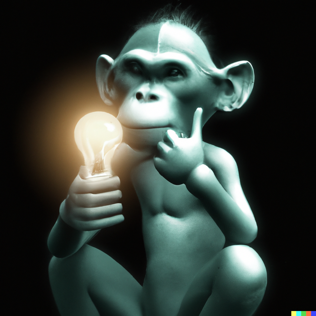 a visual image of a monkey looking thoughtfully at a light bulb