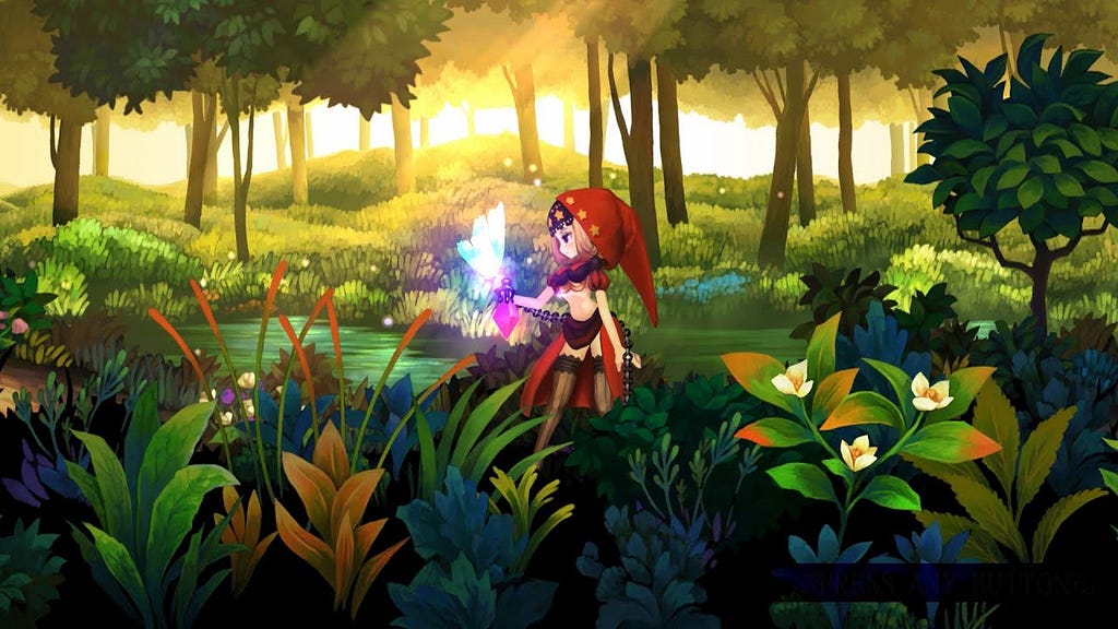 A screenshot of the character Velvet holding her hand out for a glowing butterfly during the opening cinematic of Odin Sphere.
