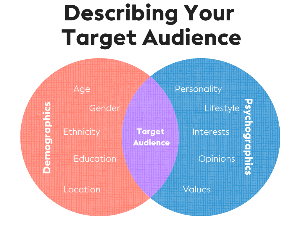 Venn diagram that shows the Target Audience as the intersection between Demographics and Psychographics.