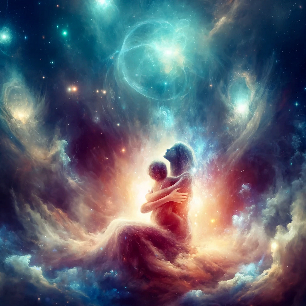 In the heart of the cosmos, a mother and child transform into celestial beings, embracing amidst the stars. Their connection illuminates the dark universe with a story of healing from past traumas alchemized into purpose and maternal love.