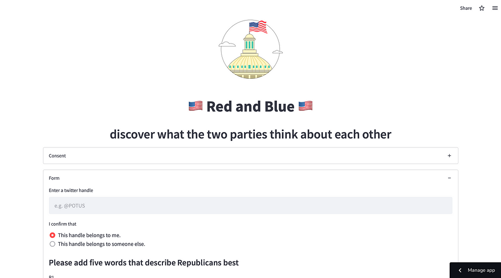 A screenshot form a US-themed Streamlit web application called Red and Blue. It shows a consent toggle and a Form that can be filled out.