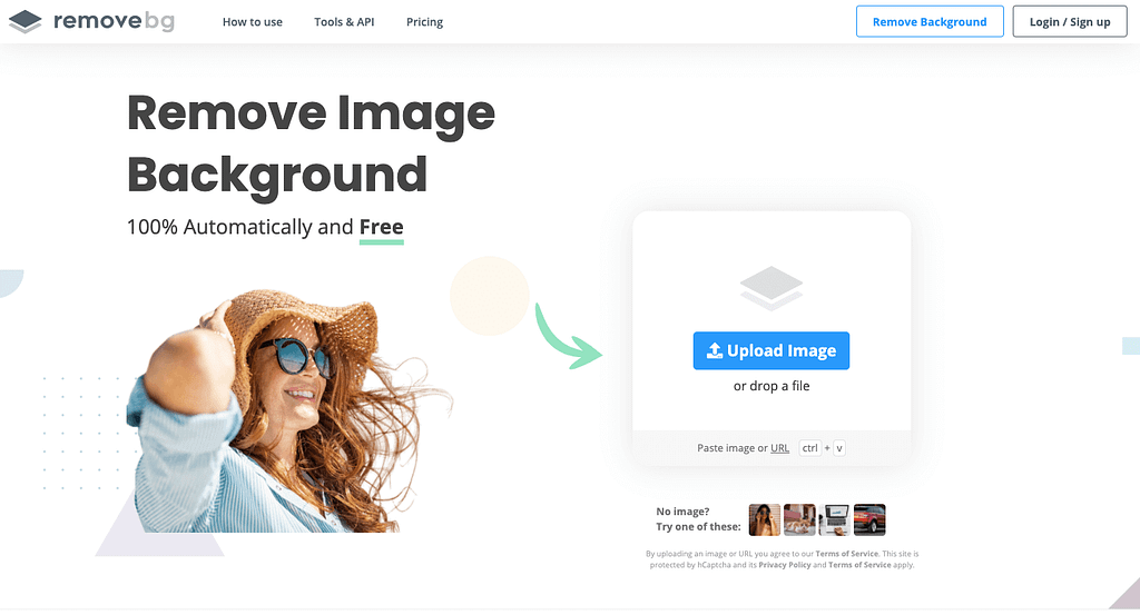 A screenshot of Remove BG, a website to remove the background of any picture