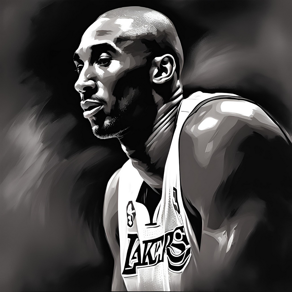 Kobe Bryant side portrait in black and white oil painting