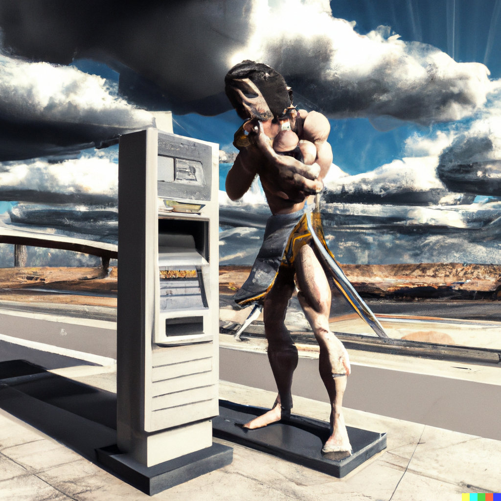 DALL-E’s view of the Greek God Mercury looking for change to pay at a tollbooth