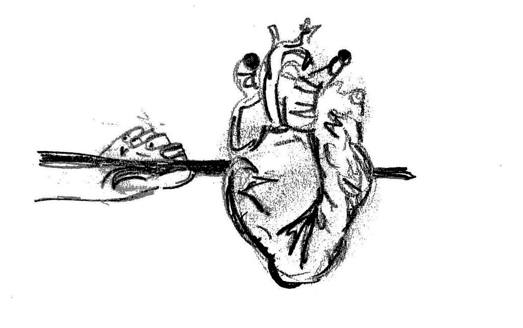 a drawing of a hand holding a skewer. a heart is impaled.