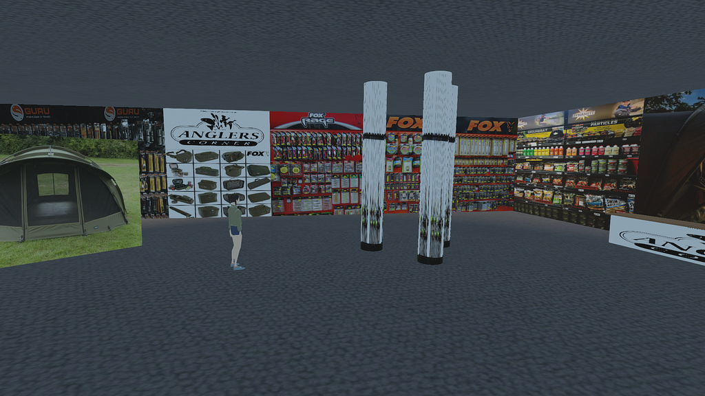 A wide interior shot inside the fake fishing shop. Flat images are wrapped to the walls and columns, forming a strange collage of a bait and tackle store in 3D space.