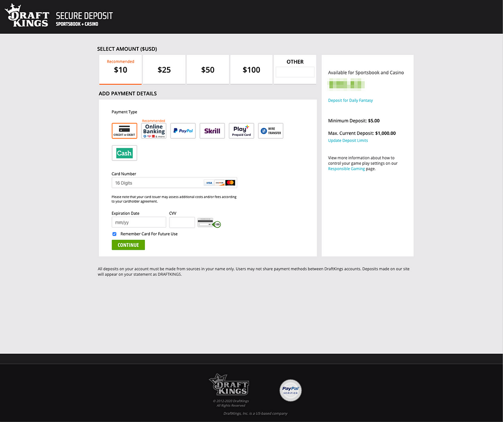 A view of the DraftKings Secure Deposit Single Page Application