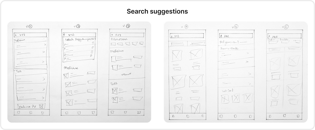 Wireframes having multiple variations of search suggestions page