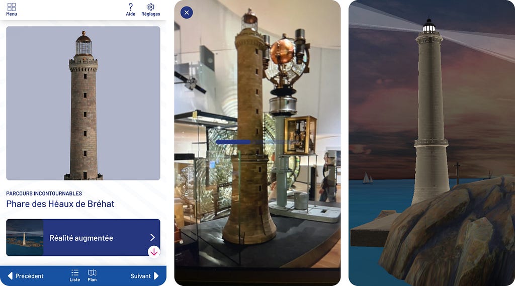 Screenshots of an augmented reality display from Musée de la Marine featuring the Phare des Héaux de Bréhat. The first image shows a digital rendering of the lighthouse, the second a museum exhibit of the lighthouse’s inner light mechanism, and the third a simulated view of the lighthouse at dusk with interactive features.