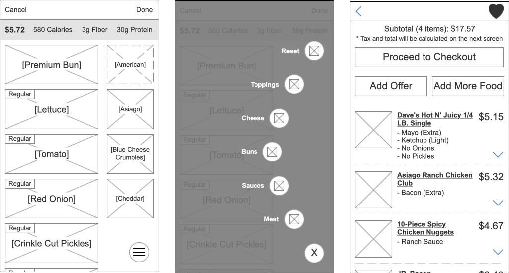 Wireframes of the item customizer and the shopping cart