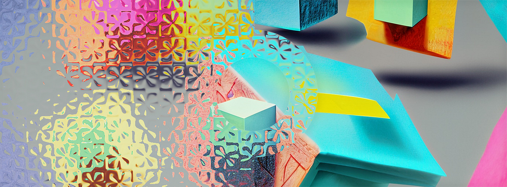 A decorative image of several cubes, with different sizes and colors, floating in an empty background, representing the blocks of the blockchain technology. In front of the blocks, covering about half of the image, there is a transparent glass layer, representing interfaces that are enhanced by blockchain technology.