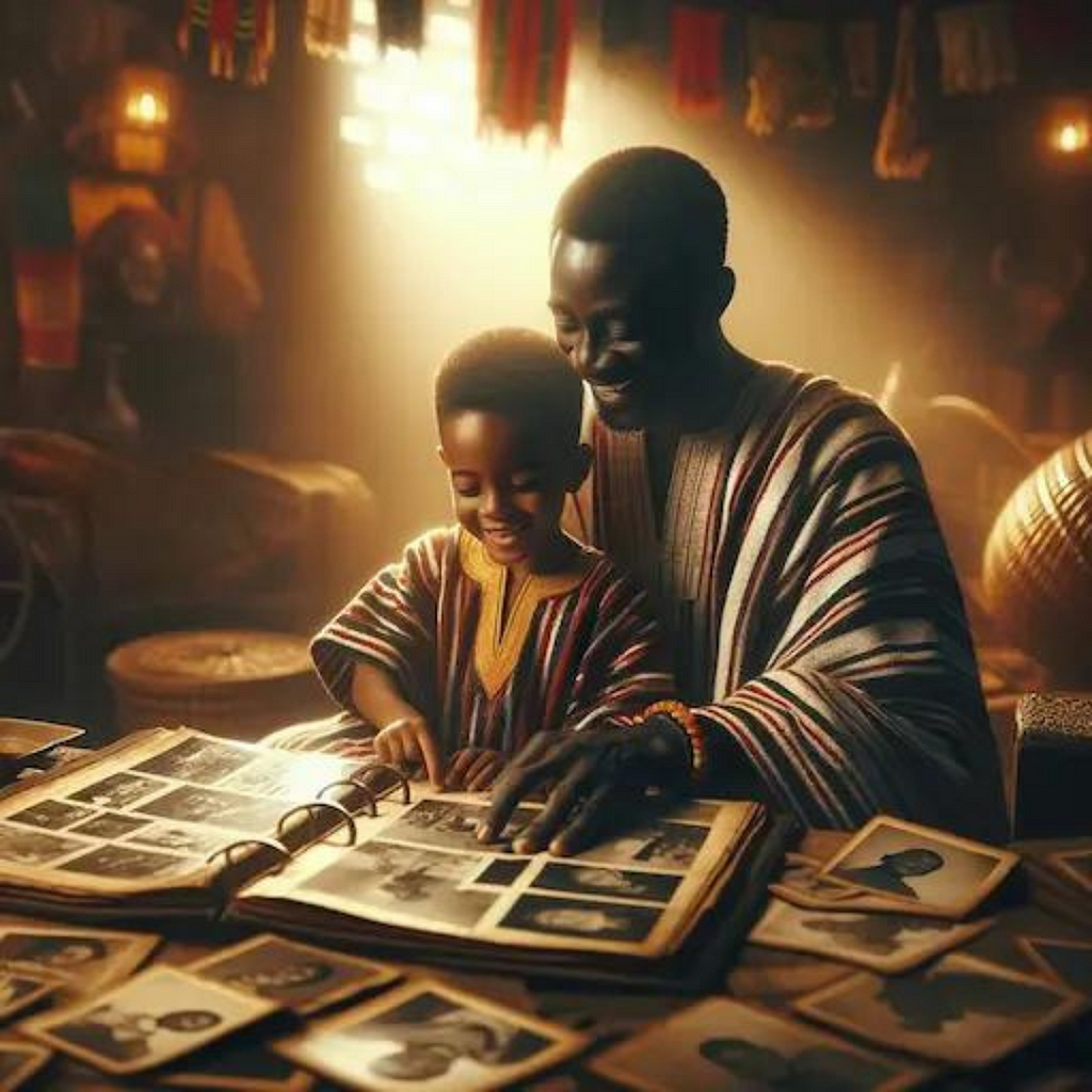 A heartwarming scene of a Ghanaian child and their father looking through an old photo album together.