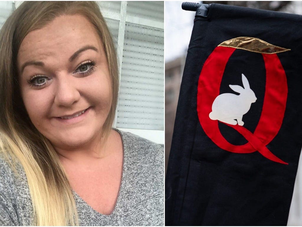 Ashley Vanderbilt and the QAnon logo.