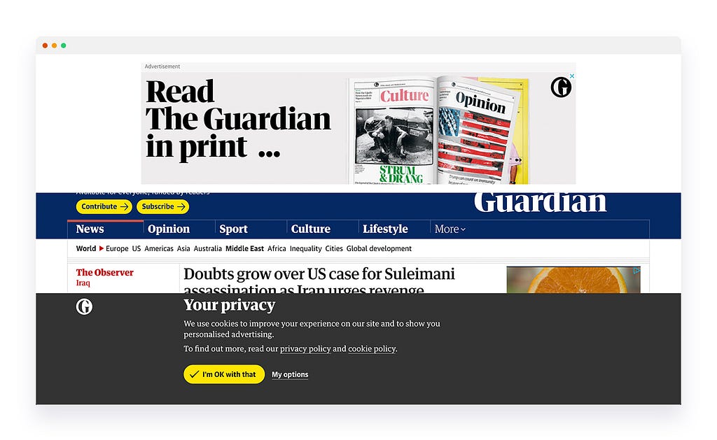 A browser window displays a news article almost completely covered by an advertisement and a popup banner.