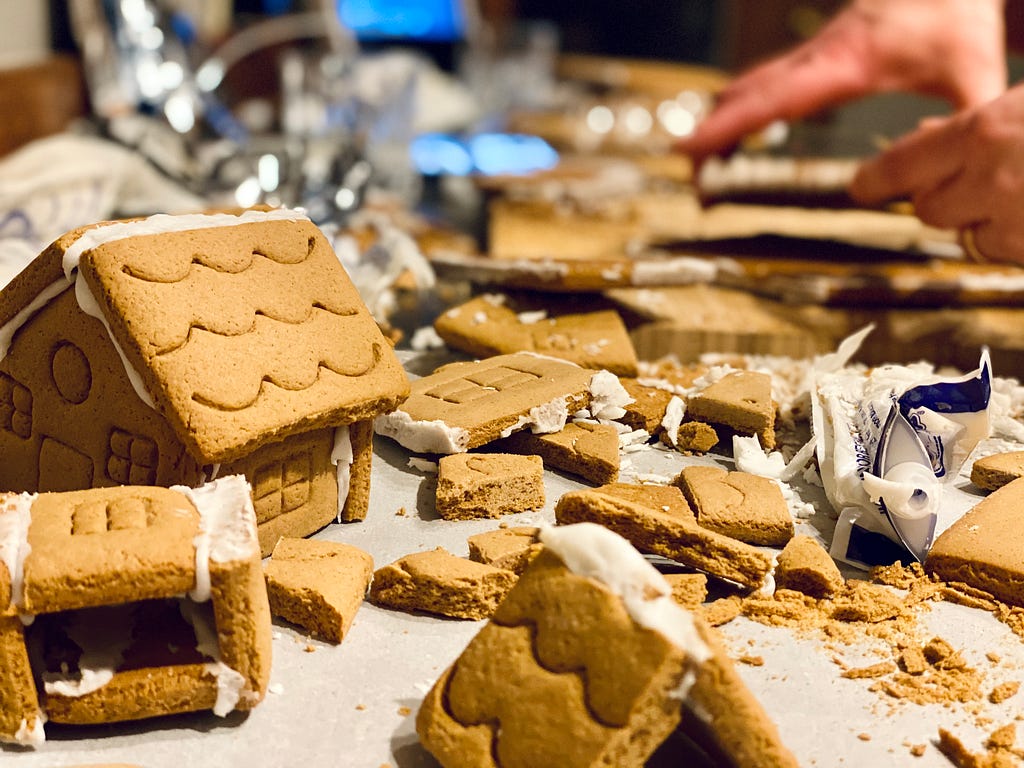A million or so pieces of gingerbread in various stages of construction.
