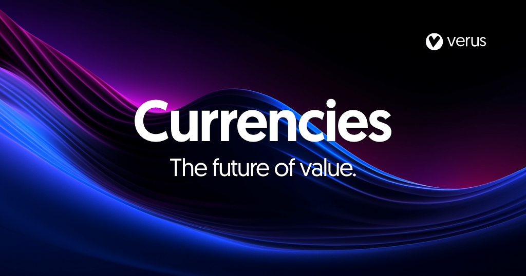 A wavy background image with dark blues and purples, at the forefront saying “Currencies, the future of value”.