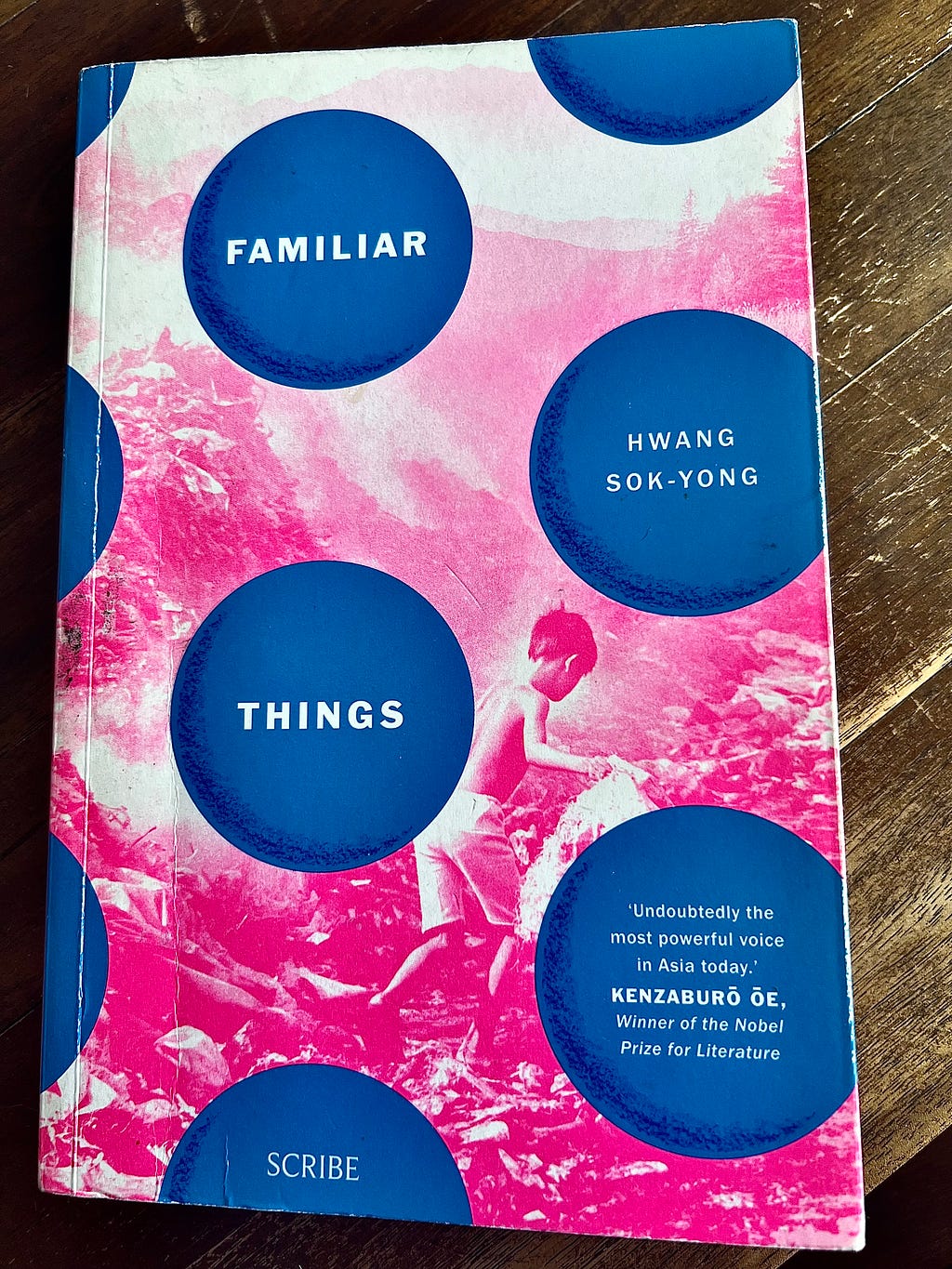 A boy picks through trash on a pink book cover. Blue circles show the title, “Familiar Things,” the author, “Hwang Sok-Yong” and a blurb by Kenzanburō Ōe.