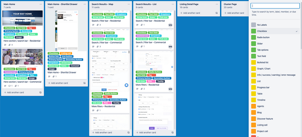 Trello board filtered by Checkbox label