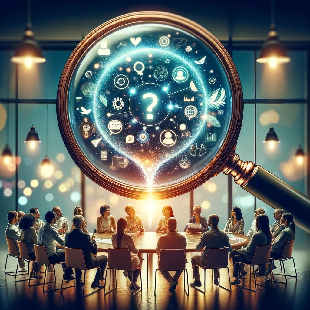 An illustration depicting a diverse group of people engaged in conversation around a table, with notes and digital devices, seen through a large magnifying glass that emphasizes the dialogue with glowing lines, symbolizing the deep insights gained from qualitative research.