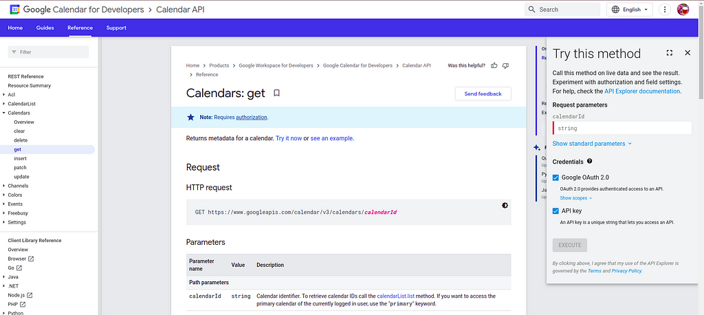 Try-it box of google-calelndar API