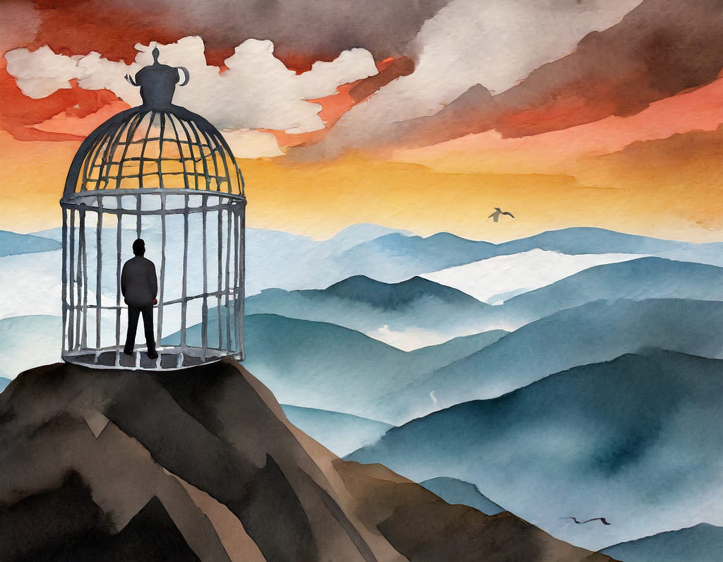 AI generated paint style photo of a man standing inside of a birdcage on the top of a mountain looking over the landscape. The purpose of this photo is to demonstrate stuckness.