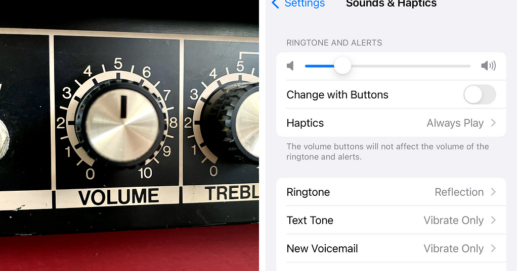 An analog volume dial from a guitar amplifier compared with the volume slider on an iPhone