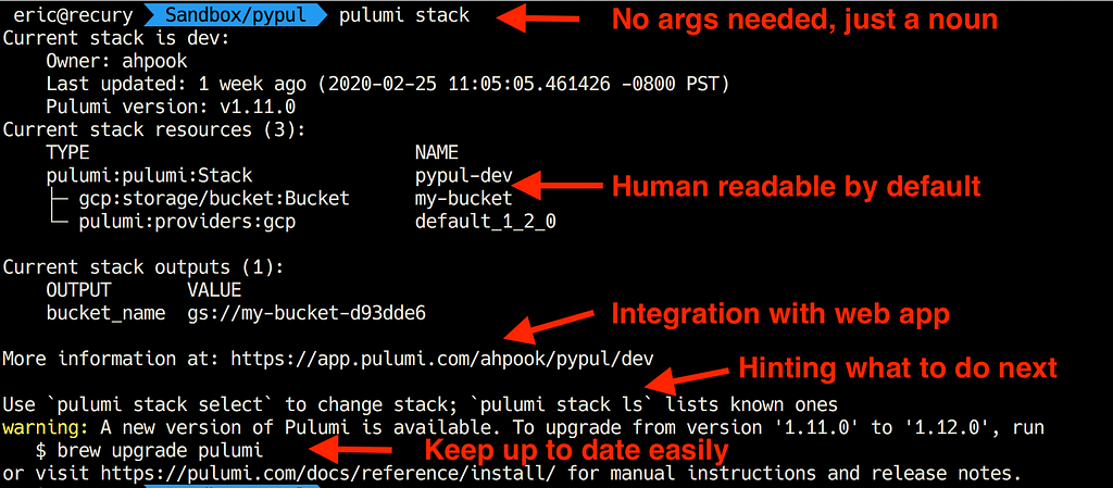 Running ‘pulumi stack’ outputs info about the current stack and suggests additional commands you might want to run.