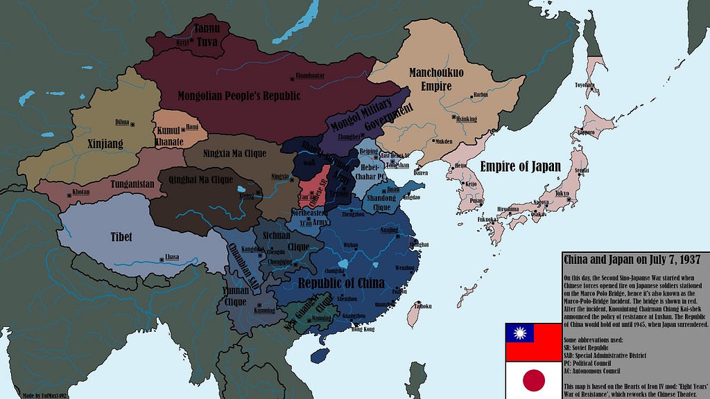 The map of China and Japan in 1937. Reddit.