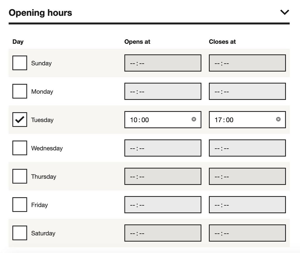 A tabular interface with days of the week along the left hand column, opening and closing times in each row