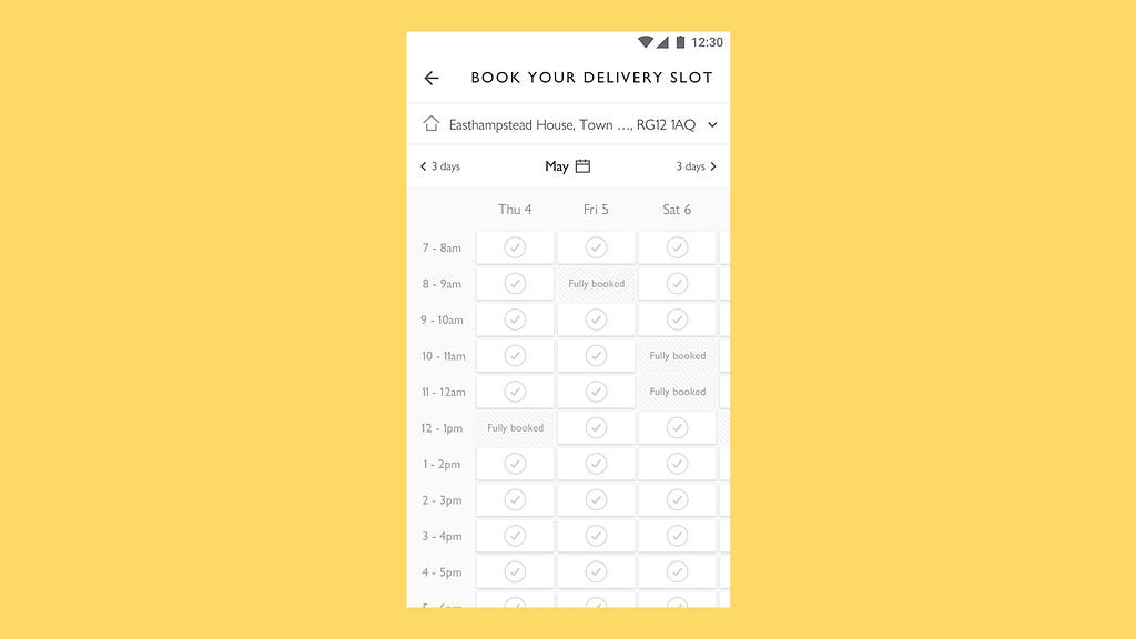 Design visual of slot booking screen from March 2020