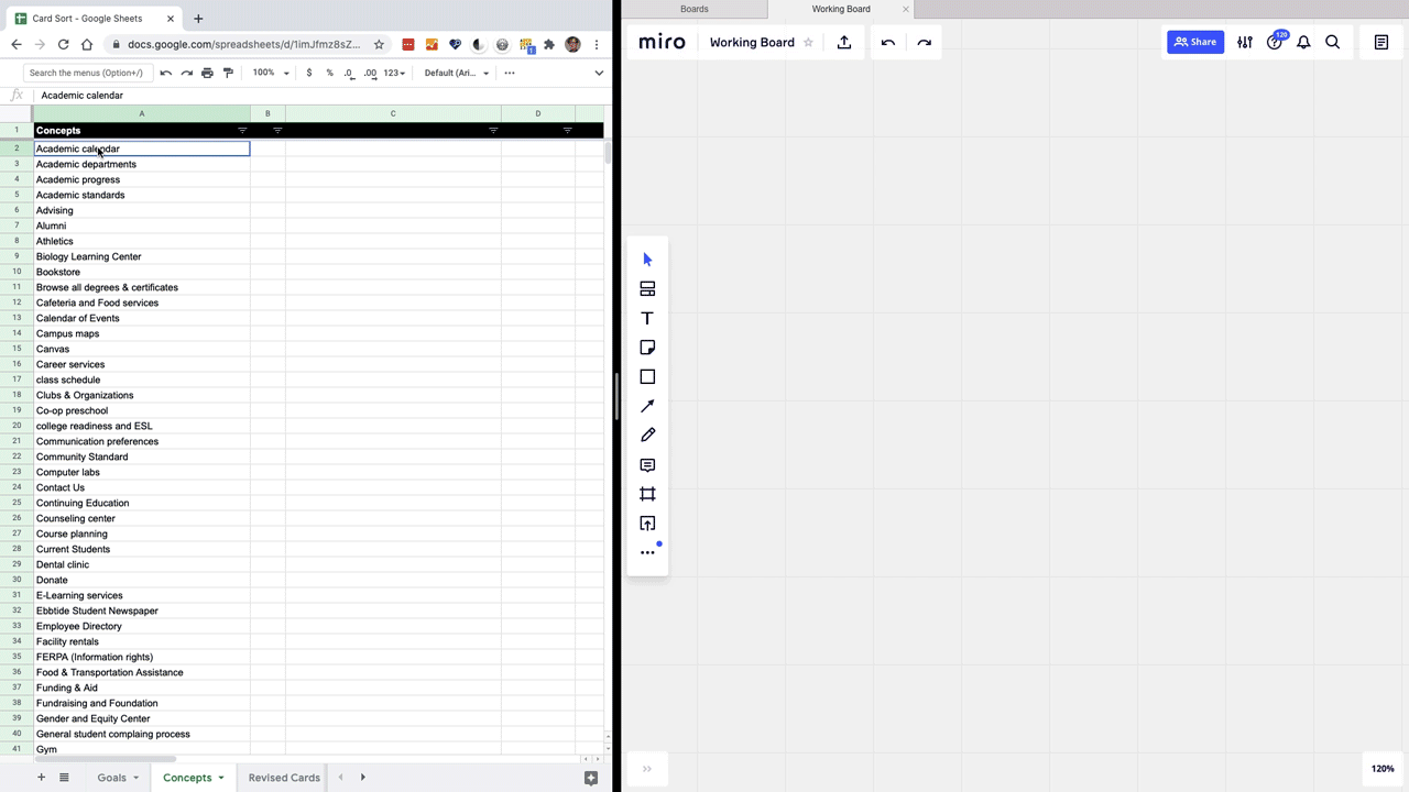 Animation of pasting a list of terms from Google Sheets into the Miro sticky note style collaboration tool.