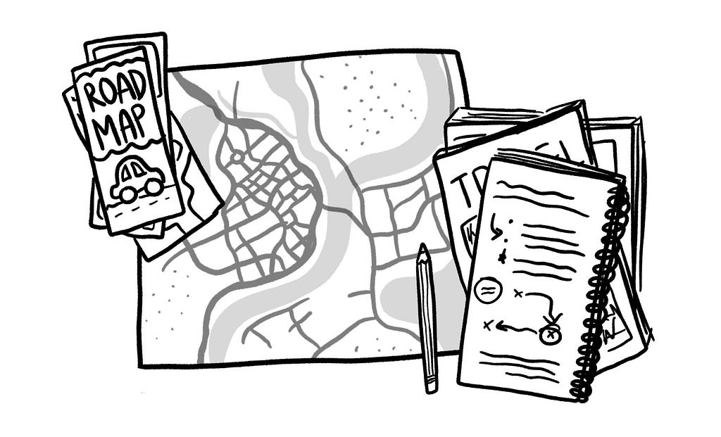 Illustration of road maps, notebook, pencil and travel books.