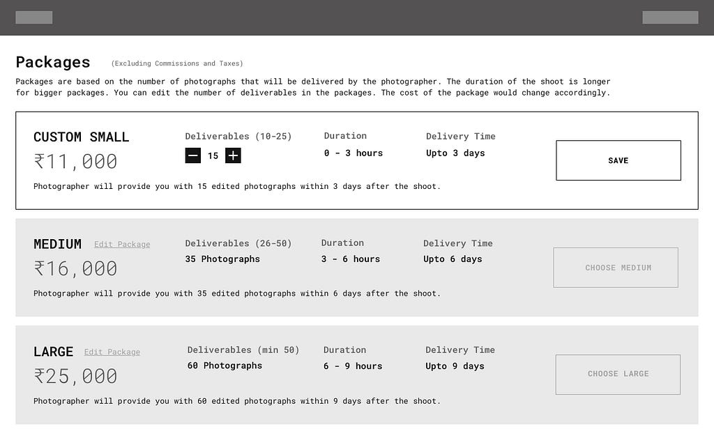 Wireframe of edit state of packages in photographer’s profile.