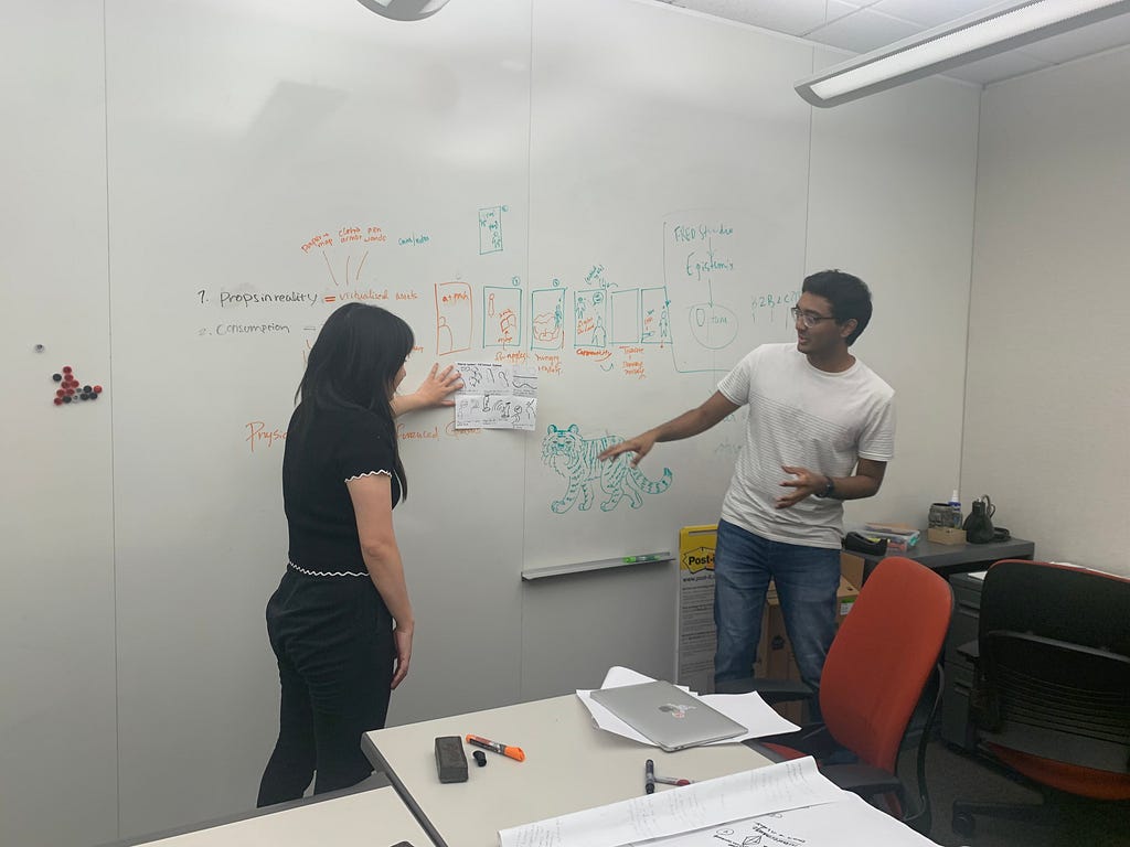 two people standing at the whiteboard talking over a storyboard on it
