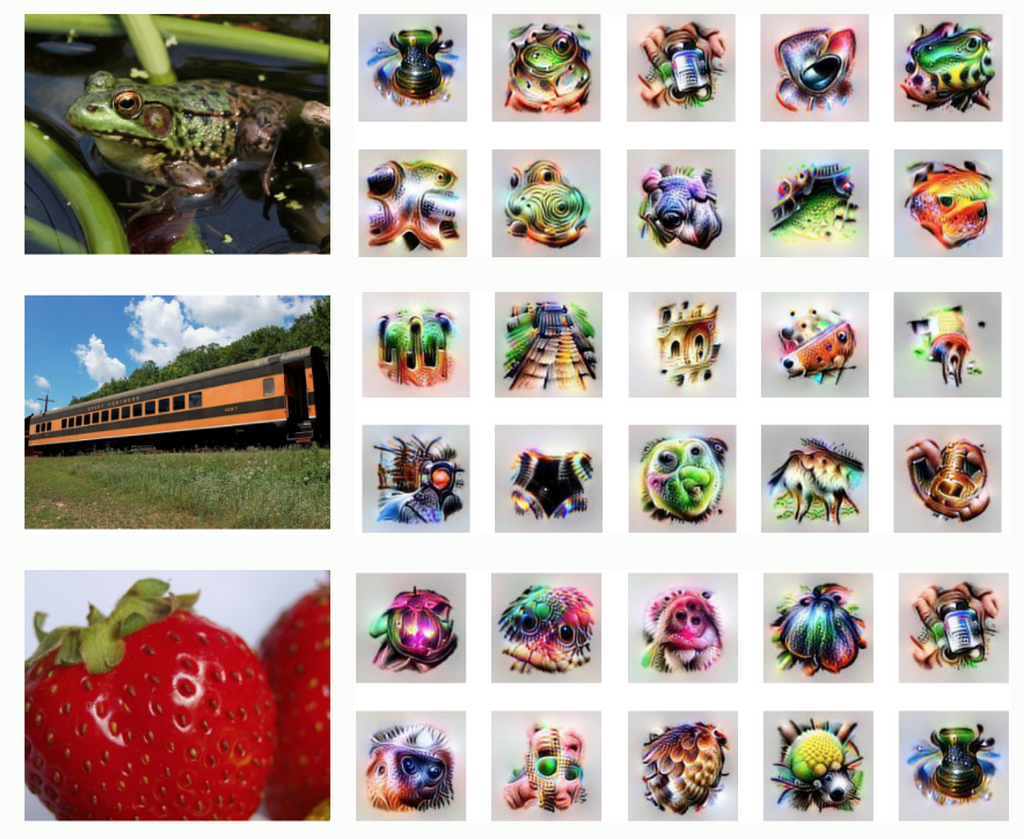A frog, train, and strawberry with AI produced images that describe features, textures, and patterns for each