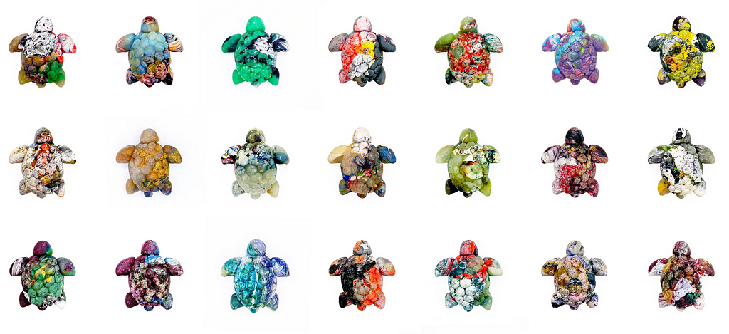 Fifteen colourful turtles made from plastic bags