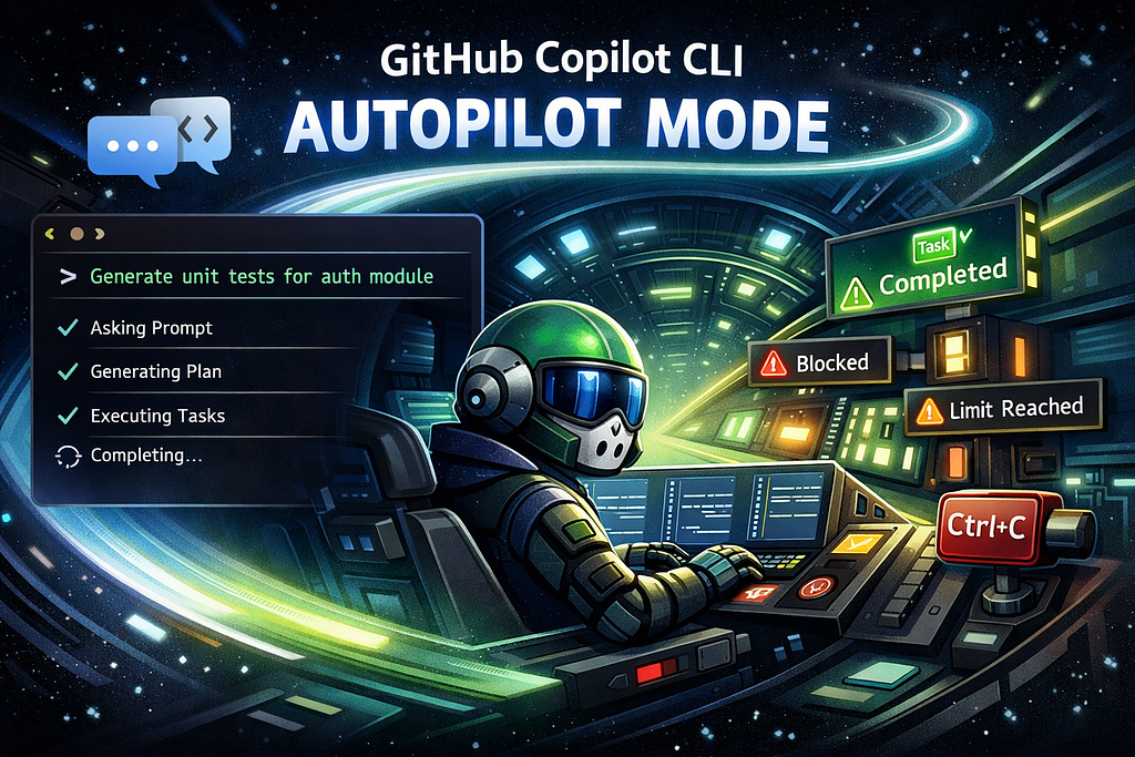 A sci-fi style image showing a robot at a terminal in autopilot mode, navigating coding tasks toward completion while possible blockers and limits appear as road signs.Created with Claude
