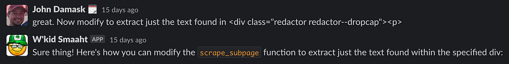 Prompt: great. Now modify to extract just the text found in <div class=”redactor redactor — dropcap”><p>