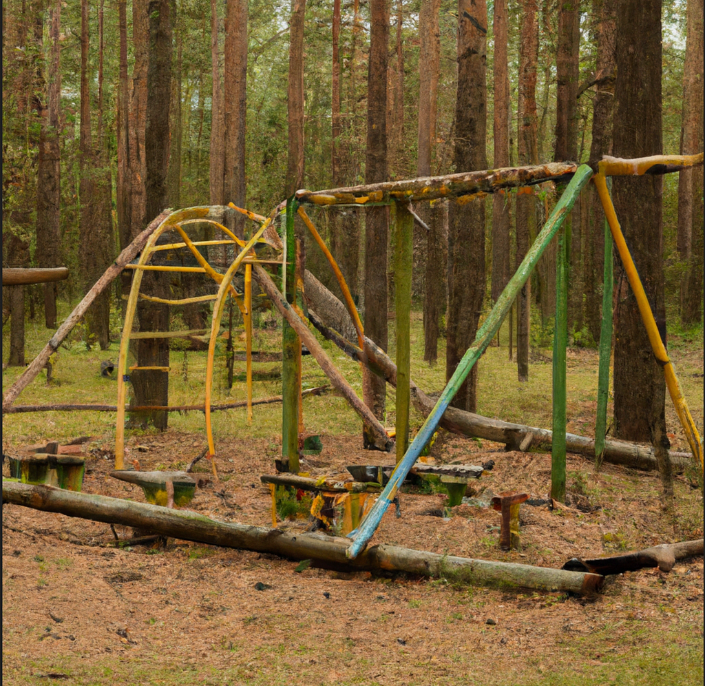 An abandoned playground amidst a pine forest.