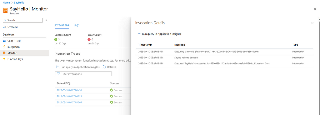 Azure portal image for the invocation logs of the execution