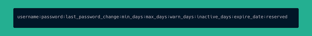 username:password:last_password_change:min_days:max_days:warn_days:inactive_days:expire_date:reserved