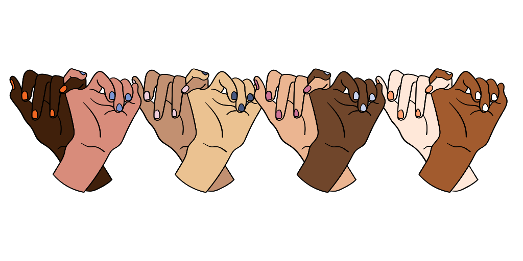 4 pairs of hands in pinky-promise pose. Each is a different skintone, each has nail polish in orange, blue, pink, or white.