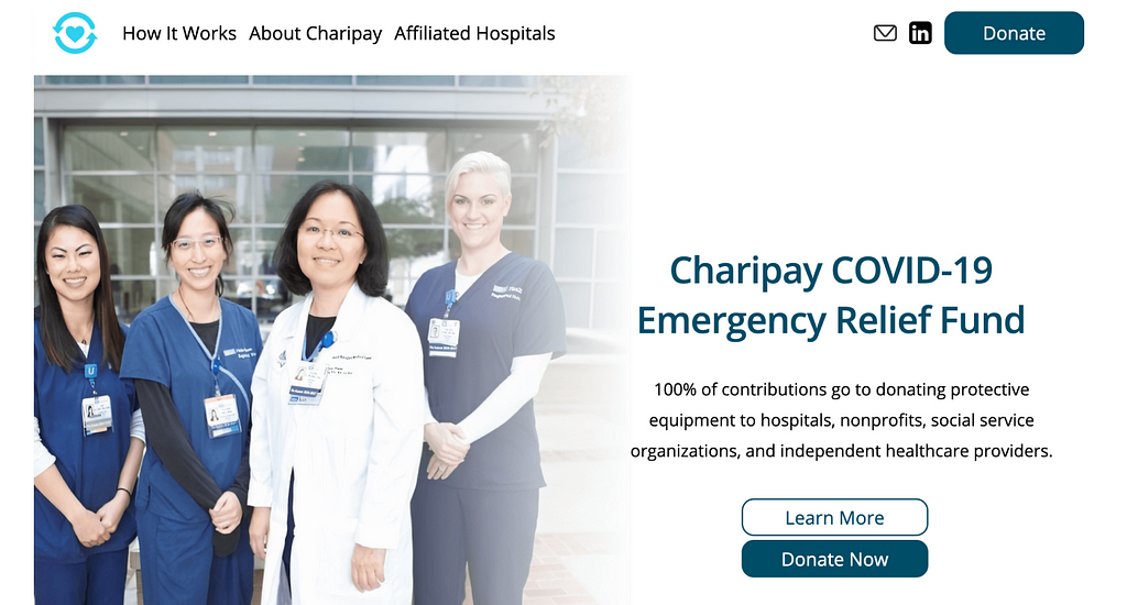 Screenshot of the Charipay COVID-19 Fund landing page.