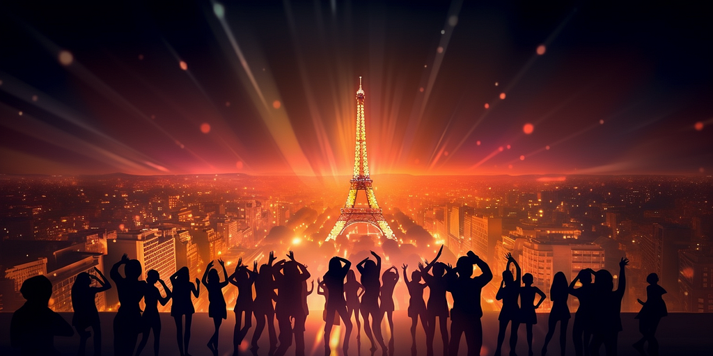 Silhouettes of people dancing in front of a warm night sky lit up by the city lights of Paris. The Eiffel Tower is brightly set in the middle.