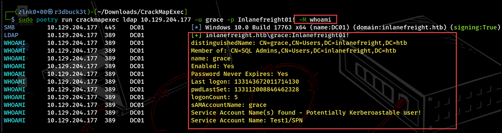 Figure 10 — shows the whoami module returns information about the user Grace. r3dbuck3t